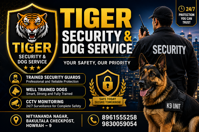 Tiger Security patrol vehicle and professional guard in high-visibility vest